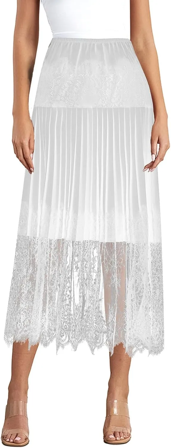 Womens Boho Elastic High Waist Skirts A-line Ruffle Lace Trim Tiered Midi Maxi Skirt Splicing Hem Midi Skirt