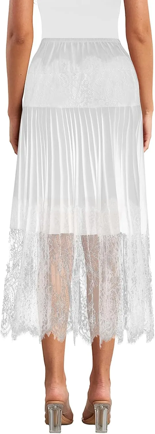 Womens Boho Elastic High Waist Skirts A-line Ruffle Lace Trim Tiered Midi Maxi Skirt Splicing Hem Midi Skirt