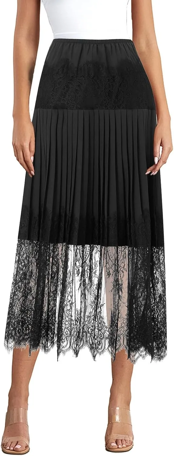 Womens Boho Elastic High Waist Skirts A-line Ruffle Lace Trim Tiered Midi Maxi Skirt Splicing Hem Midi Skirt