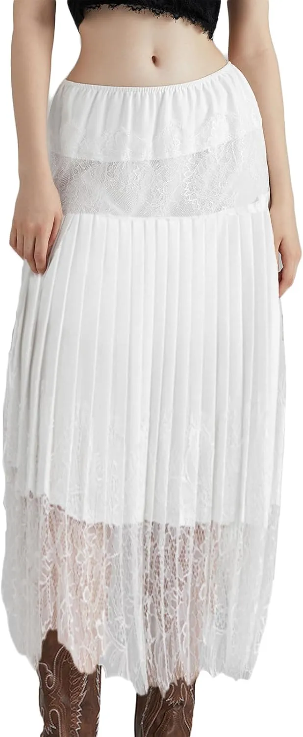 Womens Boho Elastic High Waist Skirts A-line Ruffle Lace Trim Tiered Midi Maxi Skirt Splicing Hem Midi Skirt