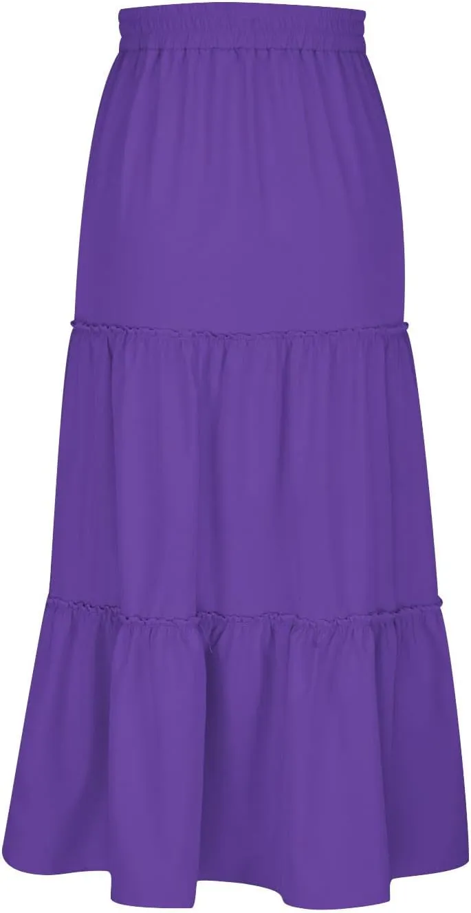 Womens Boho Maxi Skirt Elastic Waist A Line Ruffle Long Skirts Trendy Beach Midi Tiered Swing Skirts Flowy Skirt