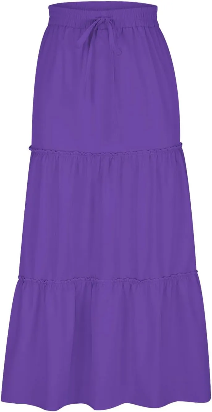 Womens Boho Maxi Skirt Elastic Waist A Line Ruffle Long Skirts Trendy Beach Midi Tiered Swing Skirts Flowy Skirt