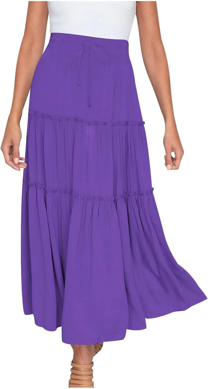Womens Boho Maxi Skirt Elastic Waist A Line Ruffle Long Skirts Trendy Beach Midi Tiered Swing Skirts Flowy Skirt