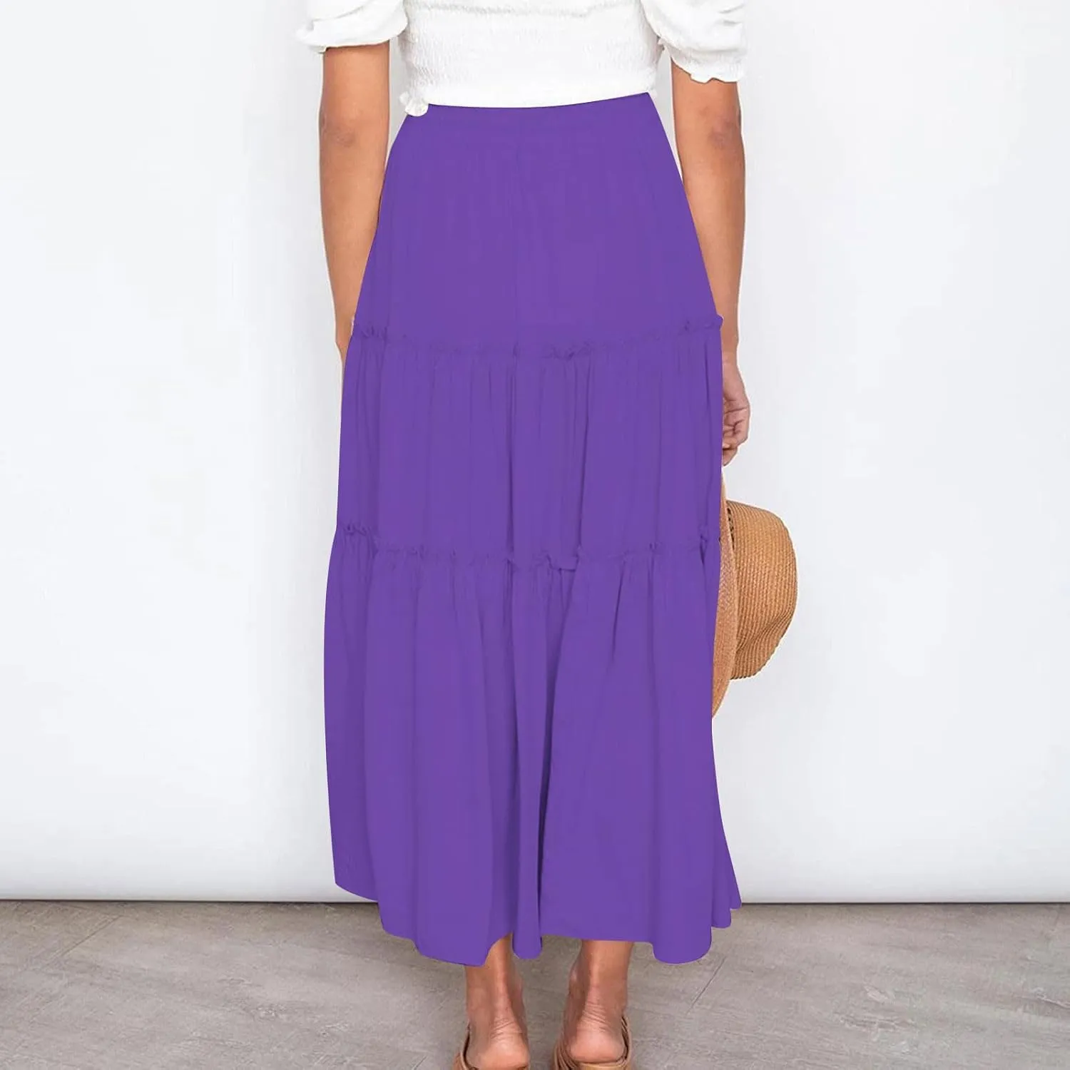 Womens Boho Maxi Skirt Elastic Waist A Line Ruffle Long Skirts Trendy Beach Midi Tiered Swing Skirts Flowy Skirt