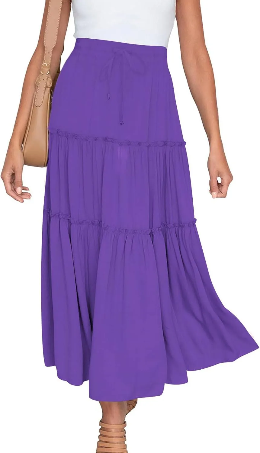 Womens Boho Maxi Skirt Elastic Waist A Line Ruffle Long Skirts Trendy Beach Midi Tiered Swing Skirts Flowy Skirt