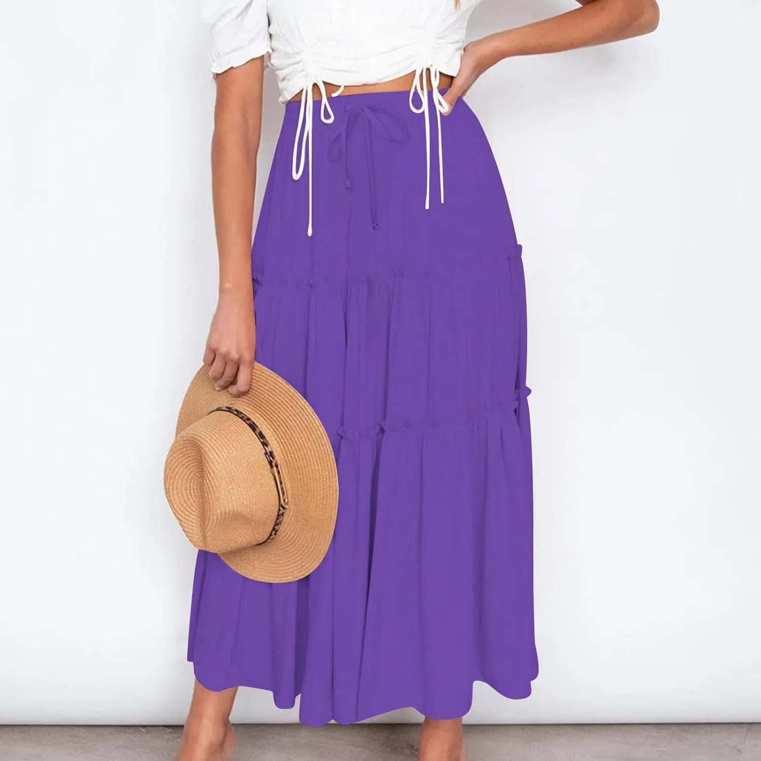 Womens Boho Maxi Skirt Elastic Waist A Line Ruffle Long Skirts Trendy Beach Midi Tiered Swing Skirts Flowy Skirt