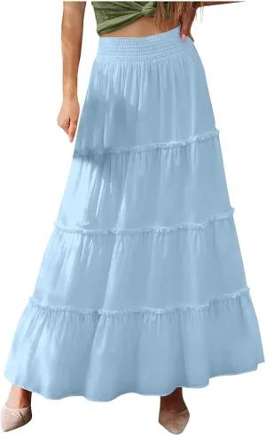 Womens Boho Maxi Skirt Summer Elastic High Waisted Swing Tiered Ruffle A-Line Skirts 2025 Fashion Beach Long Skirt
