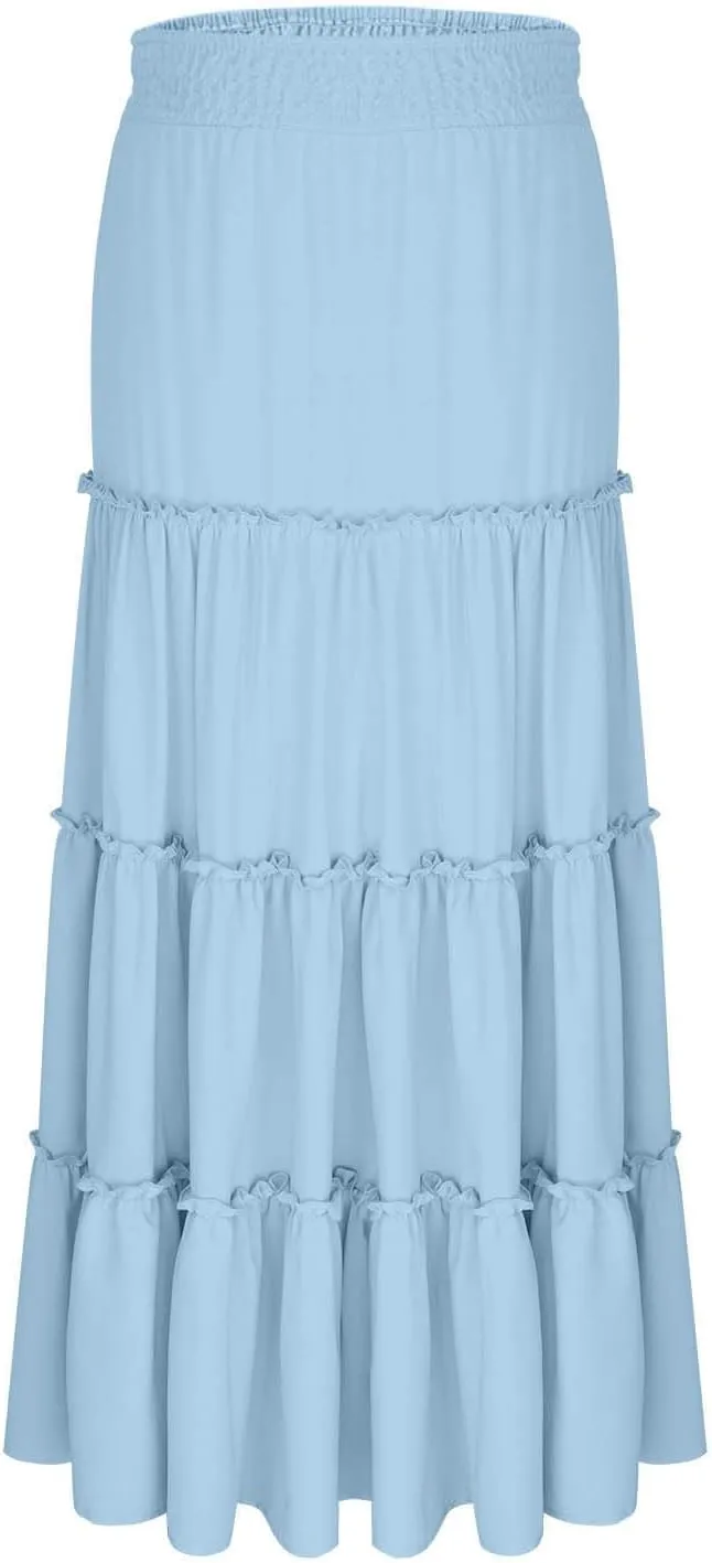 Womens Boho Maxi Skirt Summer Elastic High Waisted Swing Tiered Ruffle A-Line Skirts 2025 Fashion Beach Long Skirt