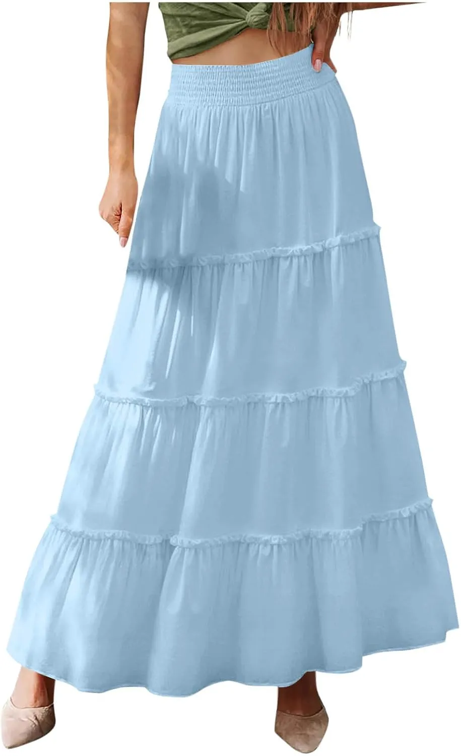 Womens Boho Maxi Skirt Summer Elastic High Waisted Swing Tiered Ruffle A-Line Skirts 2025 Fashion Beach Long Skirt