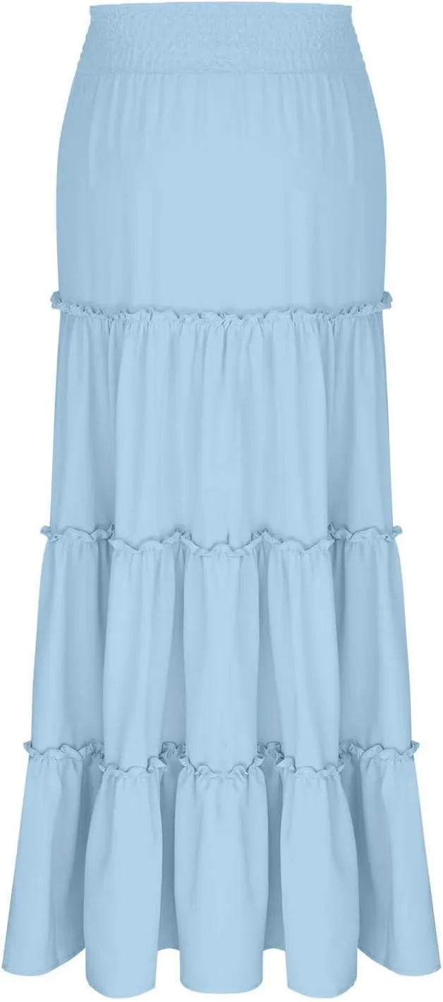 Womens Boho Maxi Skirt Summer Elastic High Waisted Swing Tiered Ruffle A-Line Skirts 2025 Fashion Beach Long Skirt