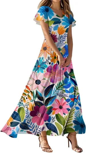 Women's Boho Summer Dresses Casual V-Neck Short Sleeve Maxi Dress, High Waist Big Swing Loose Long Beach Sundress