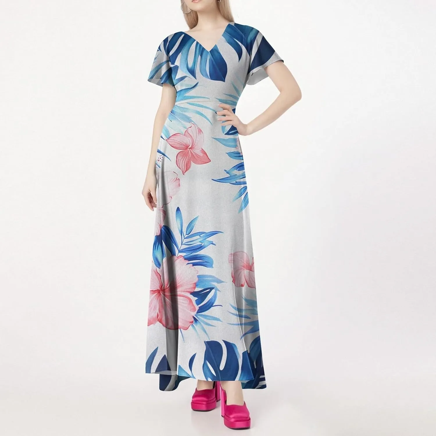 Women's Boho Summer Dresses Casual V-Neck Short Sleeve Maxi Dress, High Waist Big Swing Loose Long Beach Sundress