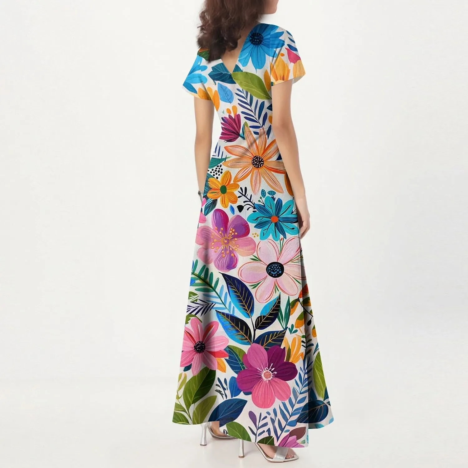 Women's Boho Summer Dresses Casual V-Neck Short Sleeve Maxi Dress, High Waist Big Swing Loose Long Beach Sundress