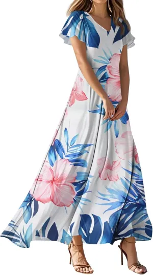 Women's Boho Summer Dresses Casual V-Neck Short Sleeve Maxi Dress, High Waist Big Swing Loose Long Beach Sundress