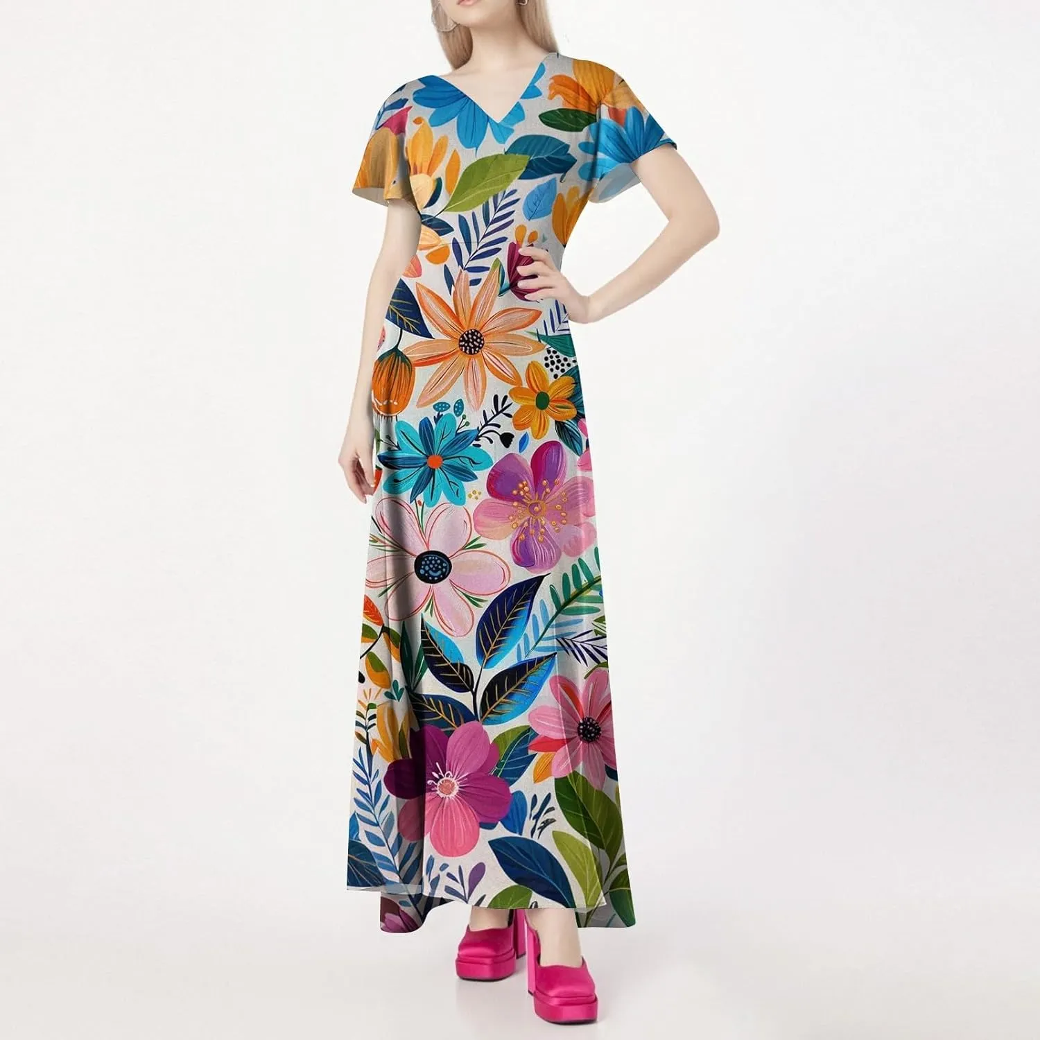 Women's Boho Summer Dresses Casual V-Neck Short Sleeve Maxi Dress, High Waist Big Swing Loose Long Beach Sundress