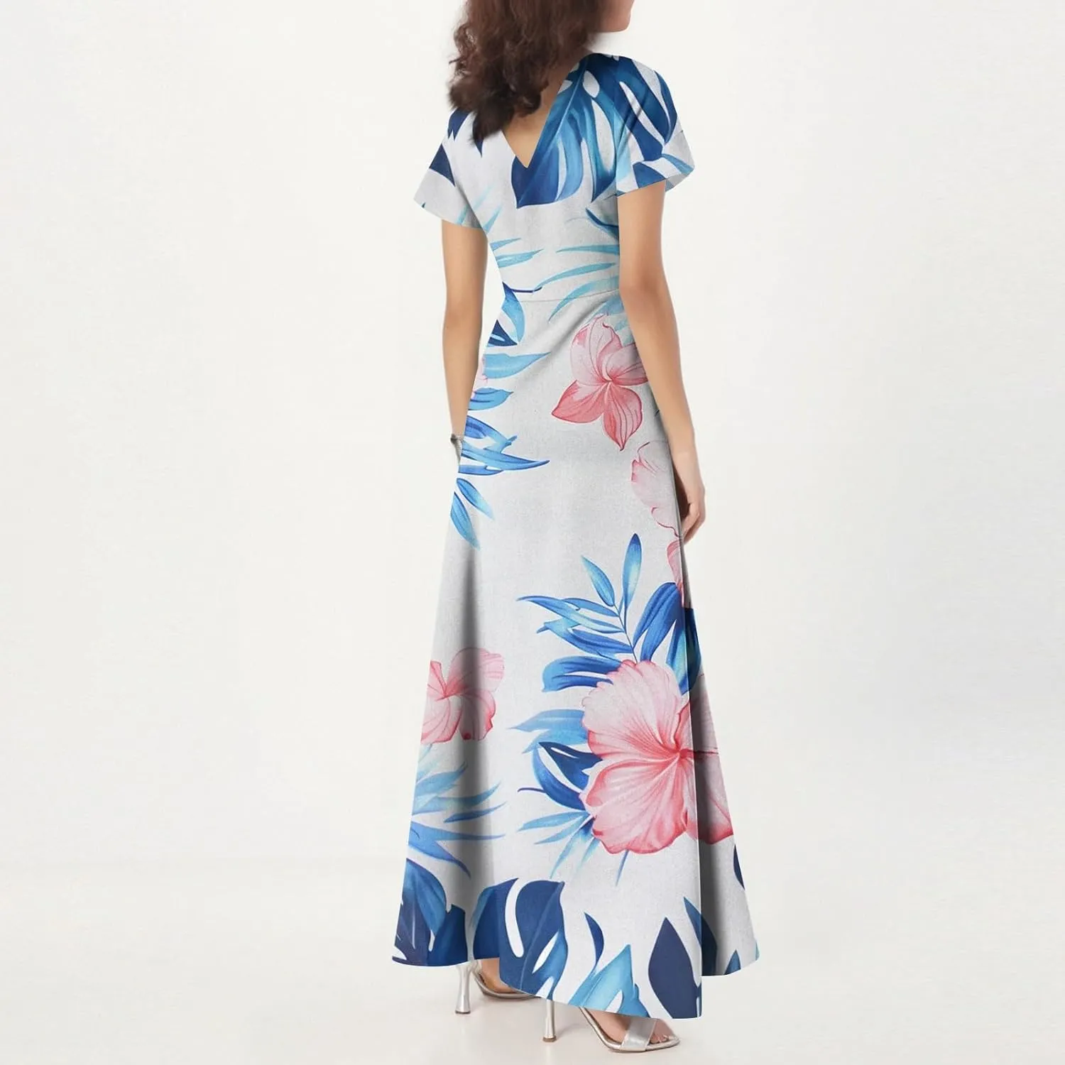 Women's Boho Summer Dresses Casual V-Neck Short Sleeve Maxi Dress, High Waist Big Swing Loose Long Beach Sundress