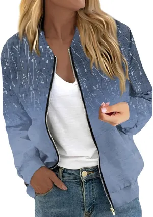 Womens Bomber Jacket Vintage Printed Full Zip Up Coat Long Sleeve Outwear Lightweight Windbreaker Jackets Fall Jacket