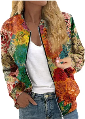 Womens Bomber Jacket Vintage Printed Full Zip Up Coat Long Sleeve Outwear Lightweight Windbreaker Jackets Fall Jacket