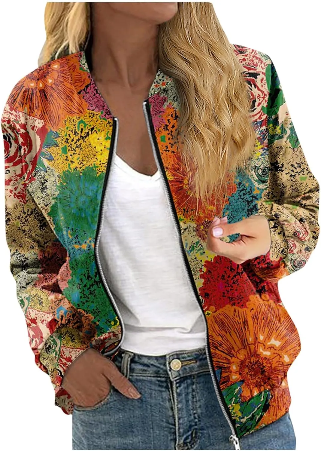 Womens Bomber Jacket Vintage Printed Full Zip Up Coat Long Sleeve Outwear Lightweight Windbreaker Jackets Fall Jacket