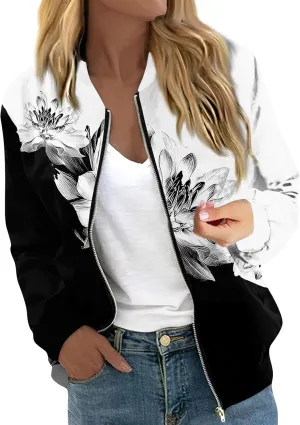 Womens Bomber Jacket Vintage Printed Full Zip Up Coat Long Sleeve Outwear Lightweight Windbreaker Jackets Fall Jacket