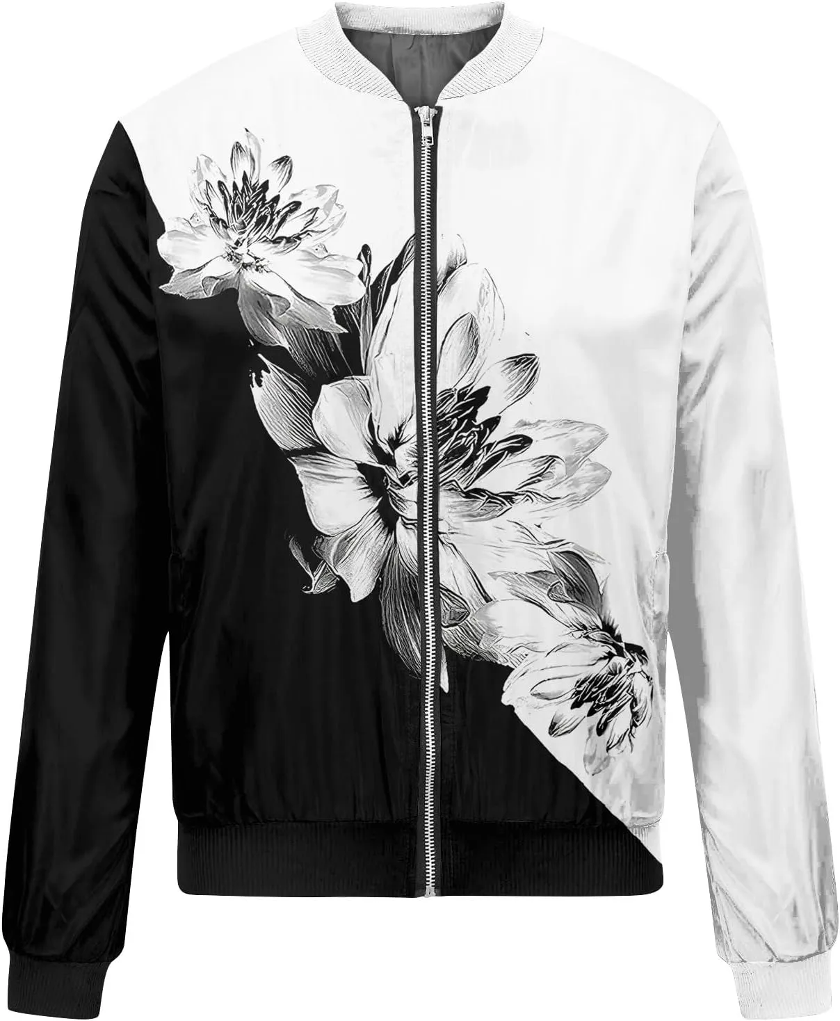 Womens Bomber Jacket Vintage Printed Full Zip Up Coat Long Sleeve Outwear Lightweight Windbreaker Jackets Fall Jacket