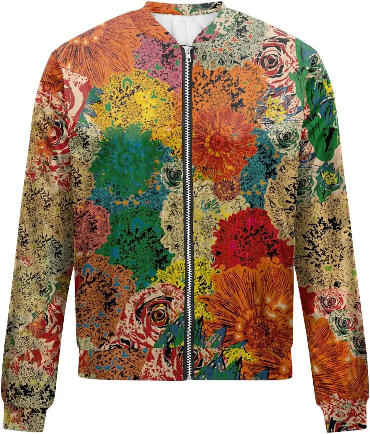 Womens Bomber Jacket Vintage Printed Full Zip Up Coat Long Sleeve Outwear Lightweight Windbreaker Jackets Fall Jacket