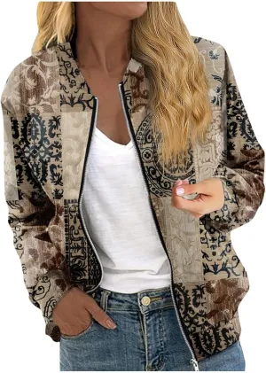 Womens Bomber Jacket Vintage Printed Full Zip Up Coat Long Sleeve Outwear Lightweight Windbreaker Jackets Fall Jacket