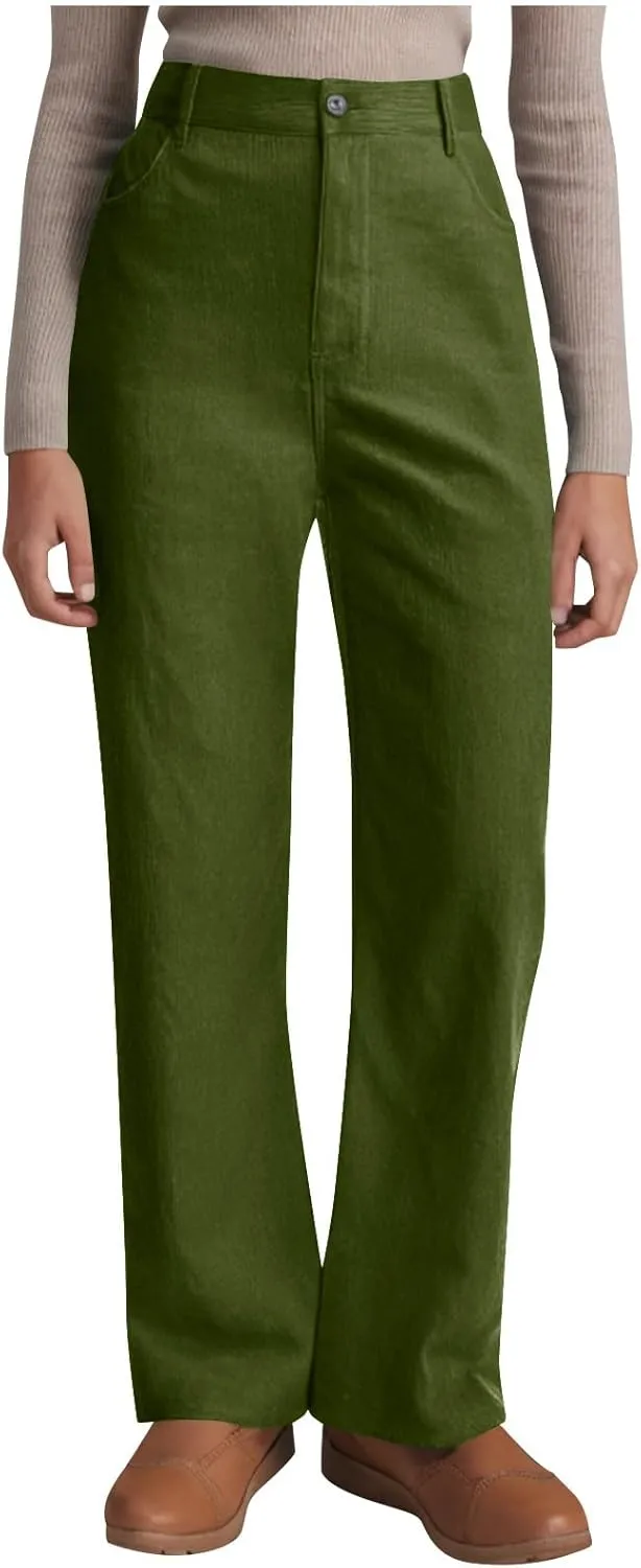 Womens Business Casual Pants Solid Color High Rise Button Zipper Straight Leg Loose Comfy Trousers with Pockets