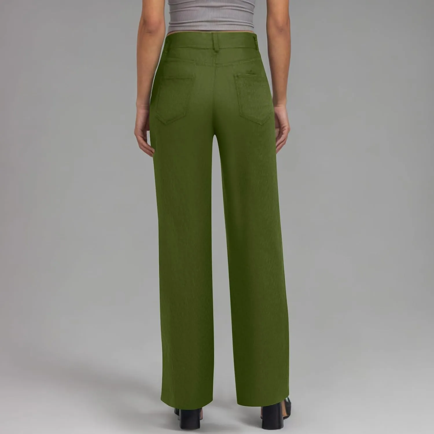 Womens Business Casual Pants Solid Color High Rise Button Zipper Straight Leg Loose Comfy Trousers with Pockets