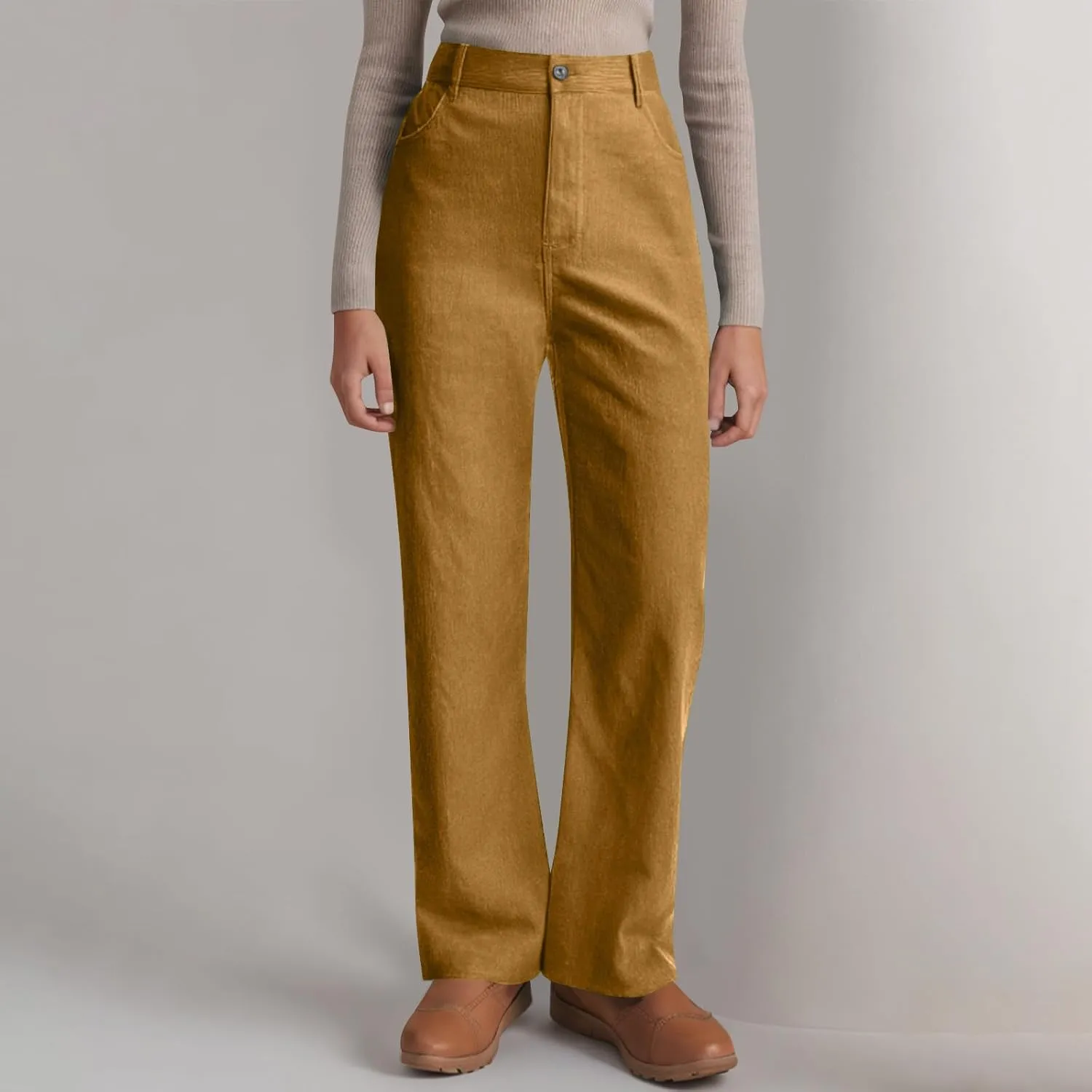 Womens Business Casual Pants Solid Color High Rise Button Zipper Straight Leg Loose Comfy Trousers with Pockets
