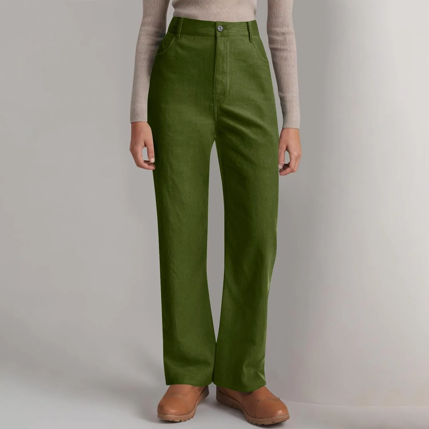 Womens Business Casual Pants Solid Color High Rise Button Zipper Straight Leg Loose Comfy Trousers with Pockets