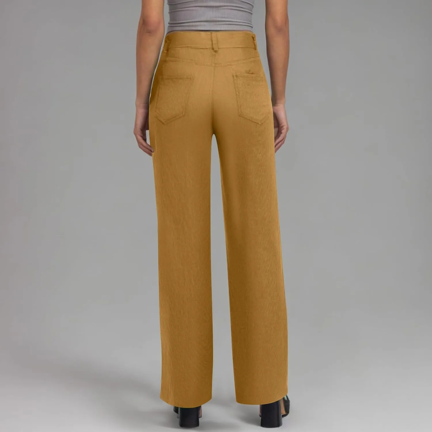 Womens Business Casual Pants Solid Color High Rise Button Zipper Straight Leg Loose Comfy Trousers with Pockets