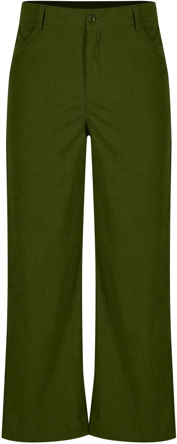 Womens Business Casual Pants Solid Color High Rise Button Zipper Straight Leg Loose Comfy Trousers with Pockets