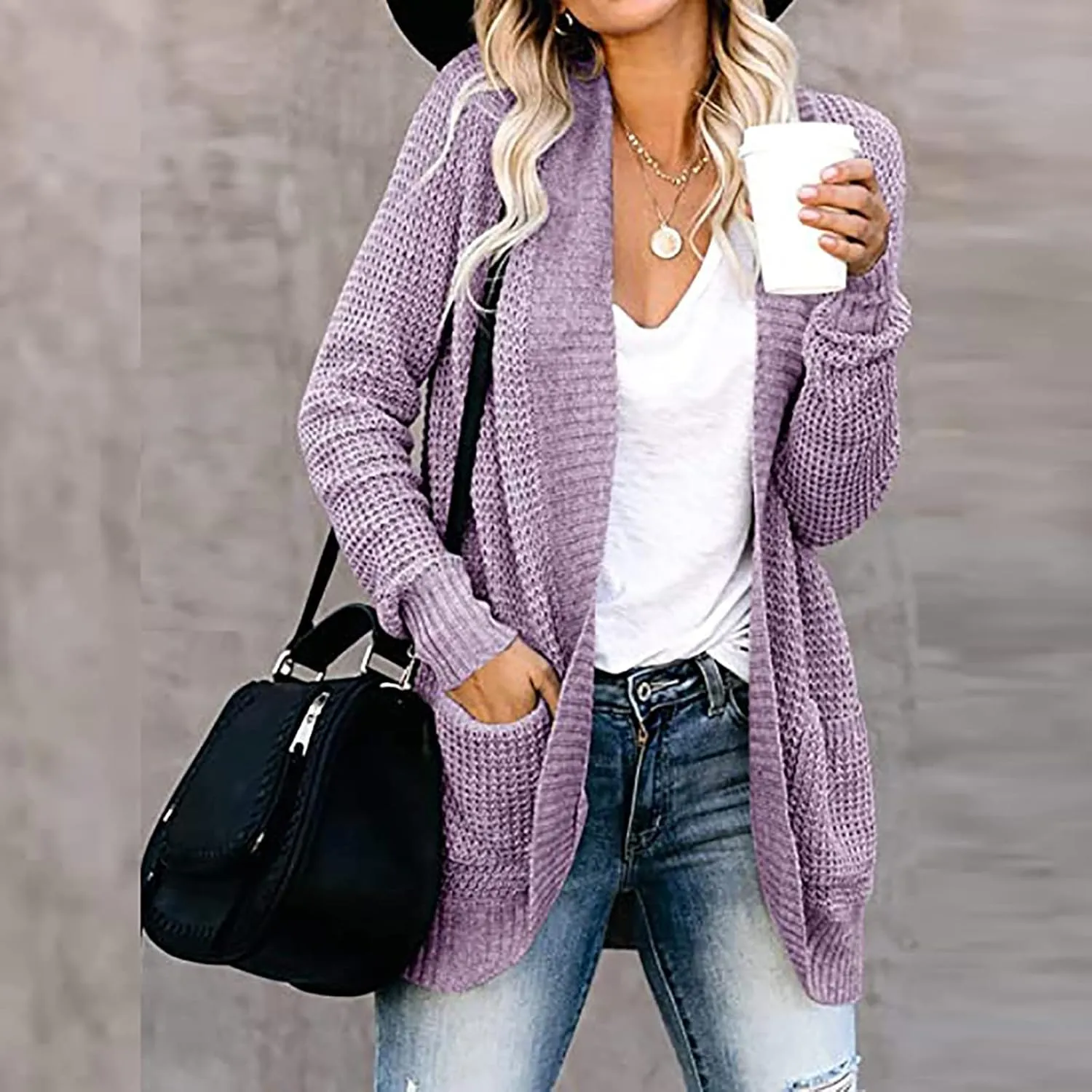 Women's Cardigan Sweaters Casual Open Front Long Sleeve Chunky Cable Knit Cardigans Sweaters Outerwear with Pockets