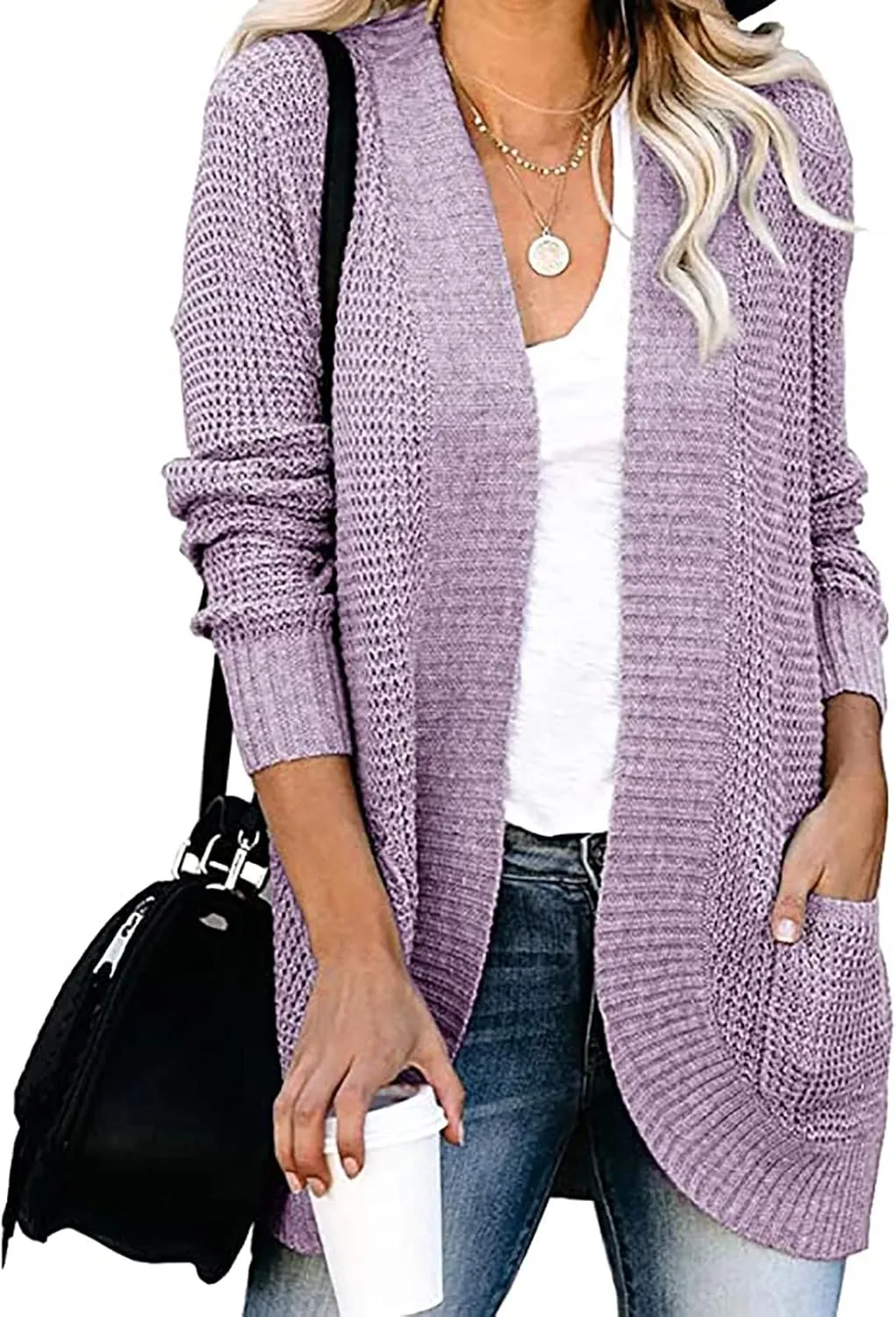 Women's Cardigan Sweaters Casual Open Front Long Sleeve Chunky Cable Knit Cardigans Sweaters Outerwear with Pockets