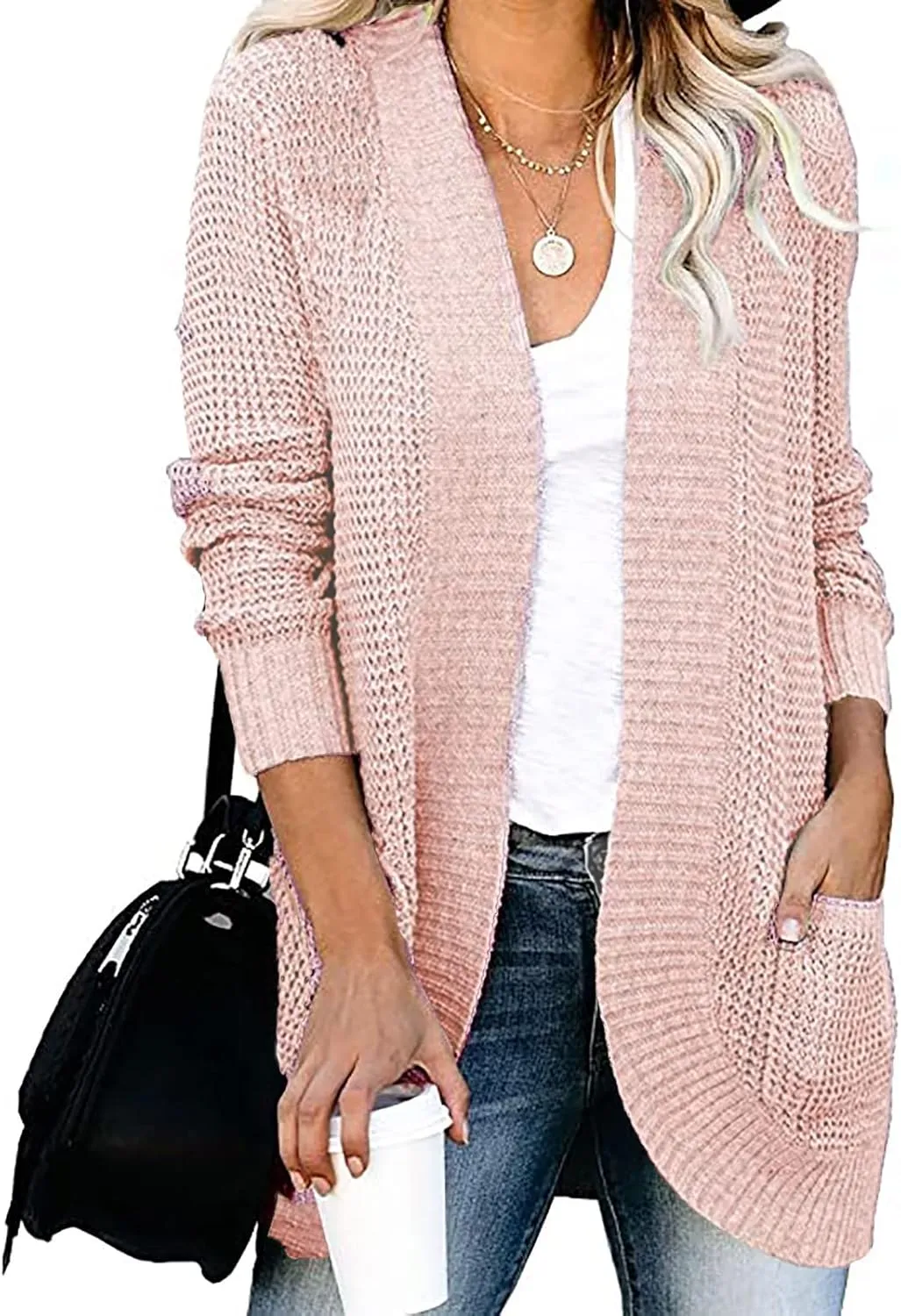 Women's Cardigan Sweaters Casual Open Front Long Sleeve Chunky Cable Knit Cardigans Sweaters Outerwear with Pockets