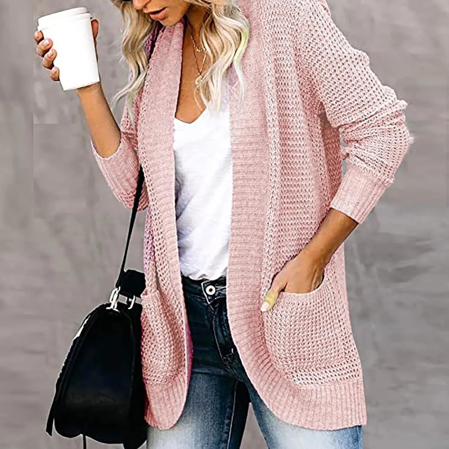 Women's Cardigan Sweaters Casual Open Front Long Sleeve Chunky Cable Knit Cardigans Sweaters Outerwear with Pockets