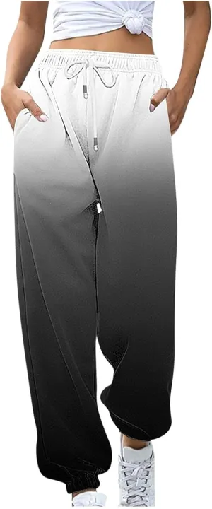 Womens Casual Baggy Fleece Sweatpants Elastic High Waisted Joggers Drawstring Loose Tie Dye Print Pants with Pockets