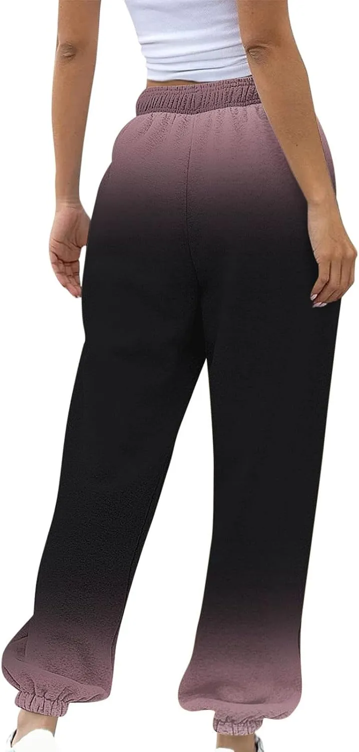Womens Casual Baggy Fleece Sweatpants Elastic High Waisted Joggers Drawstring Loose Tie Dye Print Pants with Pockets