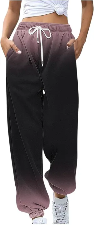 Womens Casual Baggy Fleece Sweatpants Elastic High Waisted Joggers Drawstring Loose Tie Dye Print Pants with Pockets