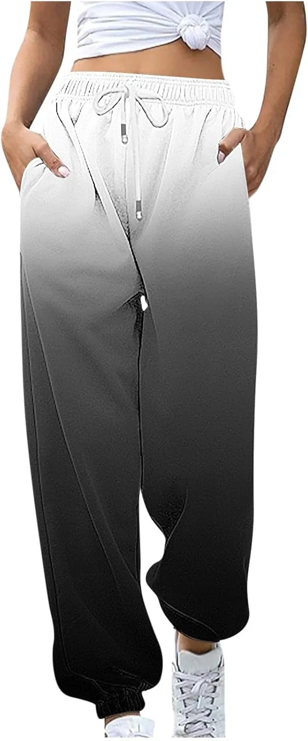 Womens Casual Baggy Fleece Sweatpants Elastic High Waisted Joggers Drawstring Loose Tie Dye Print Pants with Pockets