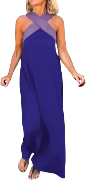 Women's Casual Dresses Flowy Cross Halter Neck Sleeveless Stitching Dress Summer Sexy Backless Vacation Maxi Dress