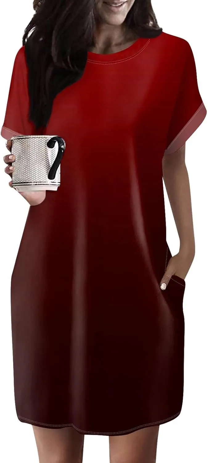 Women's Casual Dresses Summer Short Sleeve Mid Thigh Length T Shirt Dress with Pocket for Women