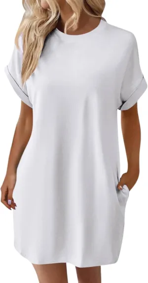 Women's Casual Dresses Summer Short Sleeve Mid Thigh Length T Shirt Dress with Pocket for Women