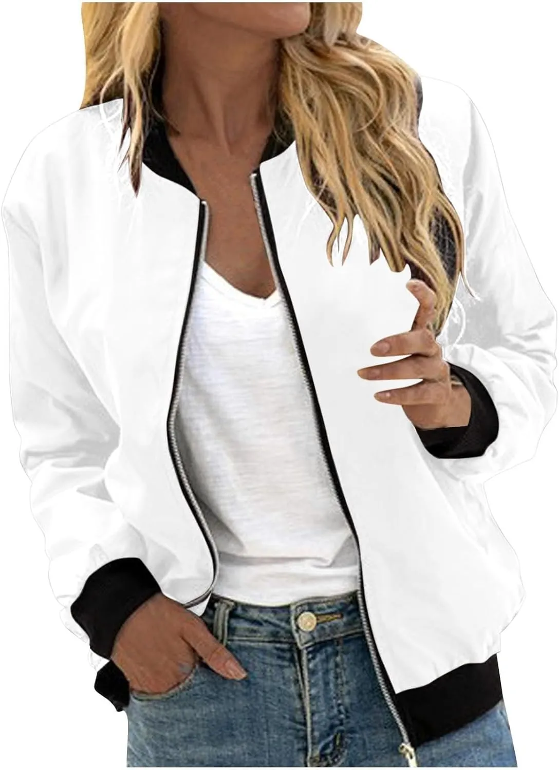 Women's Casual Floral Zip Up Bomber Jacket Long Sleeve Coat Stand Collar Lightweight Short Outwear Tops