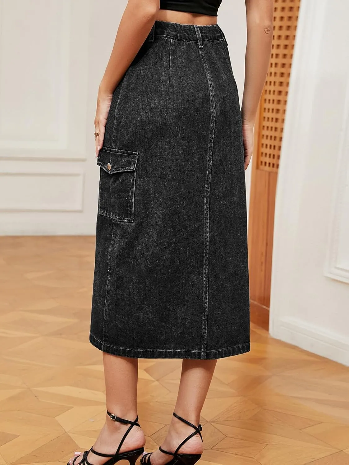 Women's Casual High Waist Denim Mid Skirt Slit Button Up Jean Skirts with Pockets