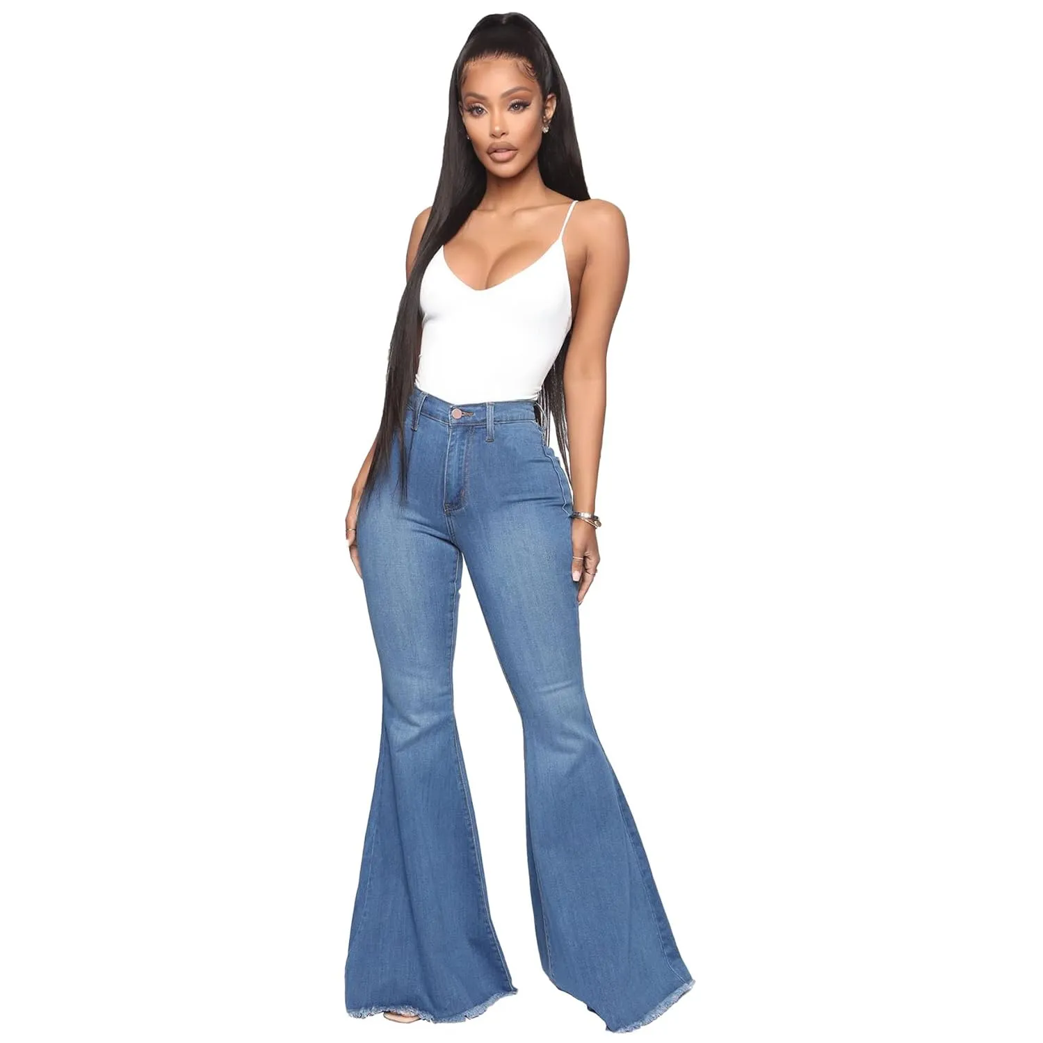 Women's Casual High Waisted Flare Leg Jeans Raw Hem Bell Bottom Denim Pants Classic Stretch Wide Leg Flared Jeans (Medium,Blue)