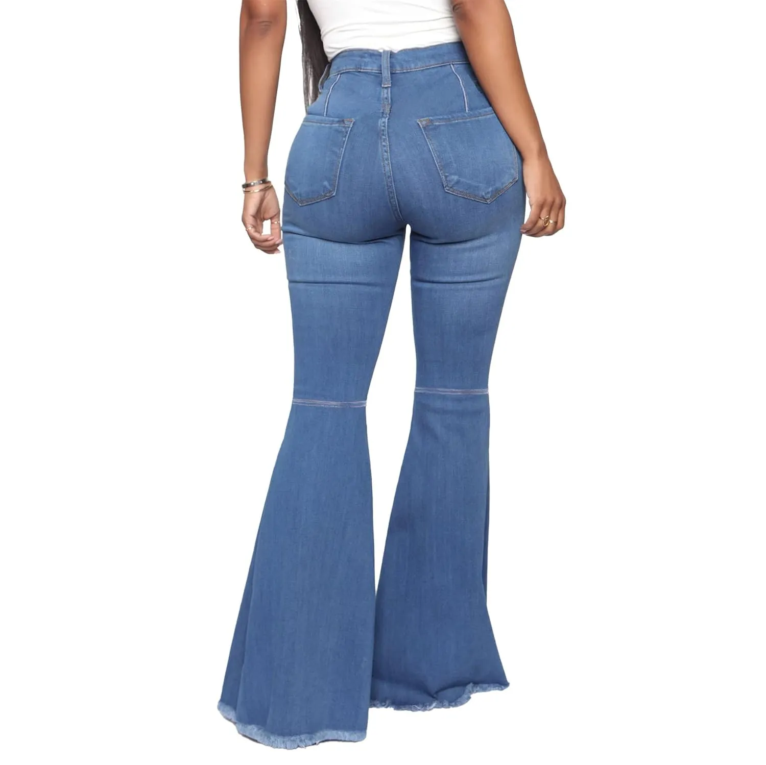 Women's Casual High Waisted Flare Leg Jeans Raw Hem Bell Bottom Denim Pants Classic Stretch Wide Leg Flared Jeans (Medium,Blue)