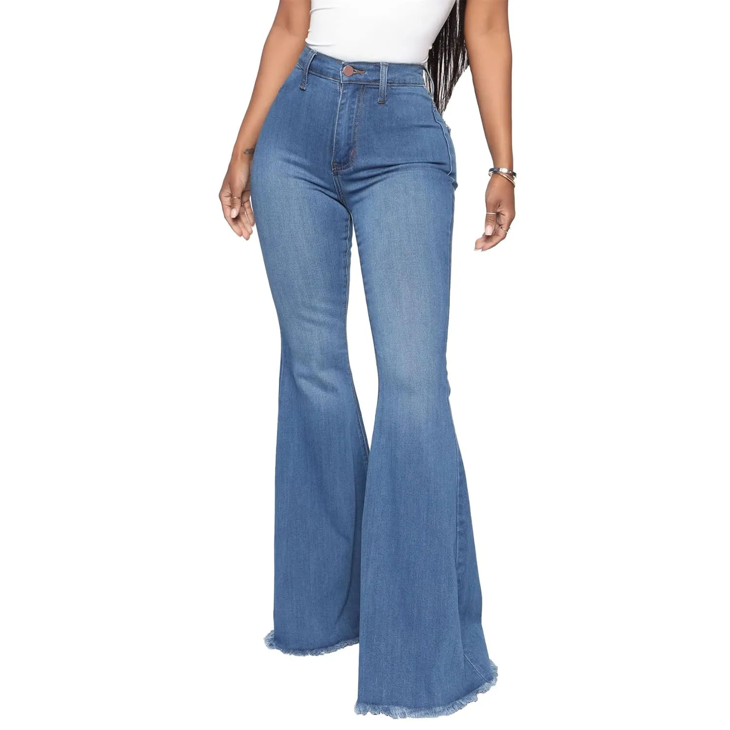 Women's Casual High Waisted Flare Leg Jeans Raw Hem Bell Bottom Denim Pants Classic Stretch Wide Leg Flared Jeans (Medium,Blue)
