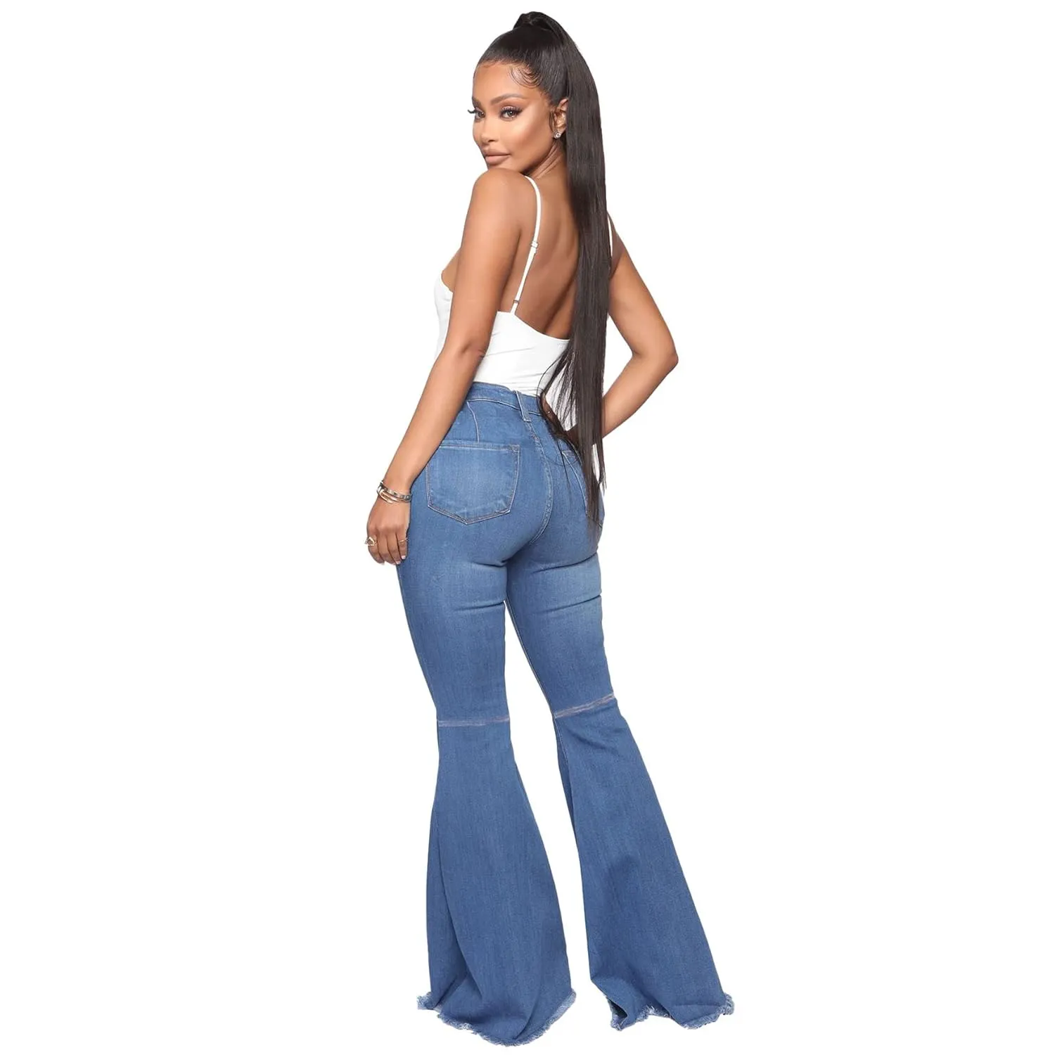 Women's Casual High Waisted Flare Leg Jeans Raw Hem Bell Bottom Denim Pants Classic Stretch Wide Leg Flared Jeans (Medium,Blue)